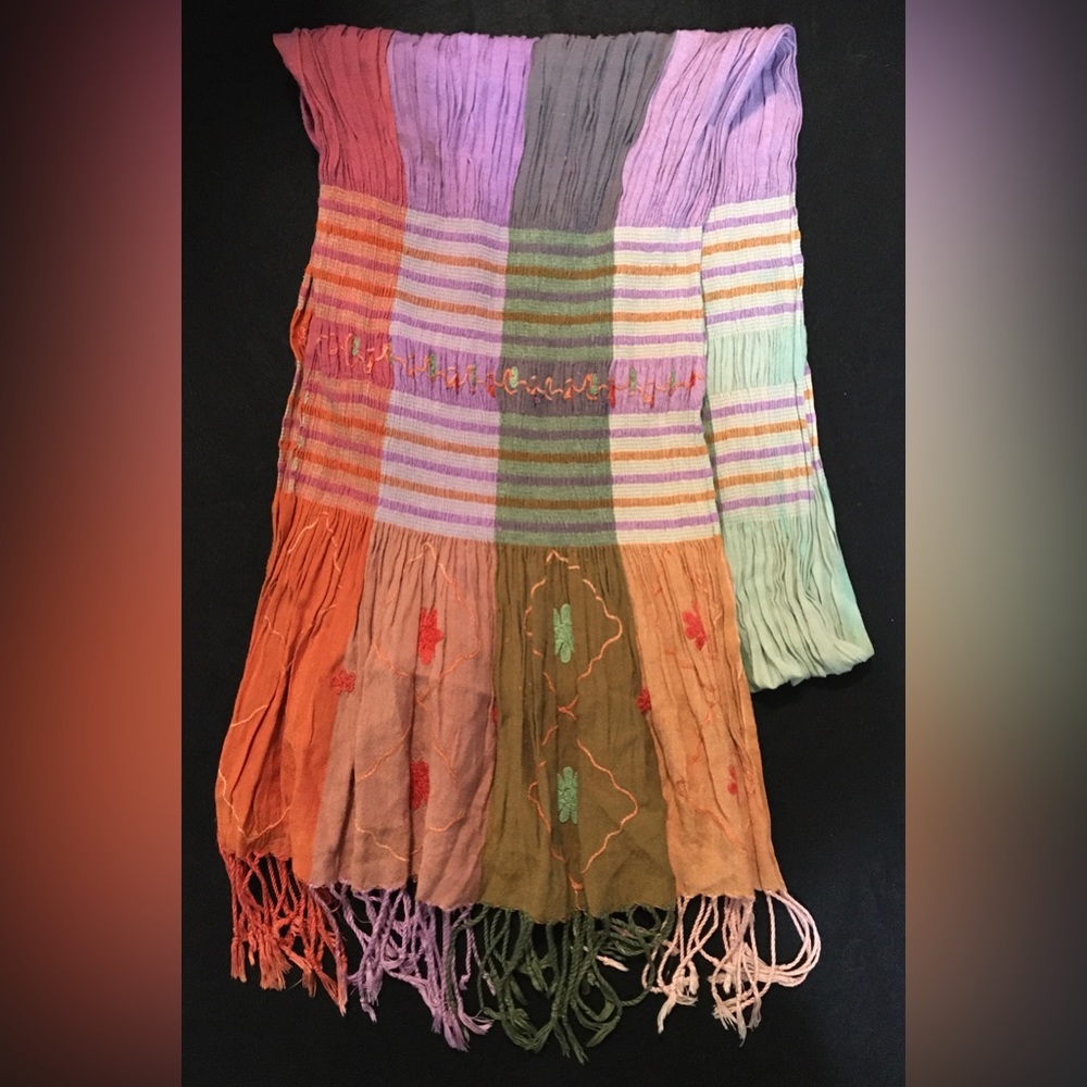 Raj - Multicoloured Boho Scarf With Embroidered Flower Details